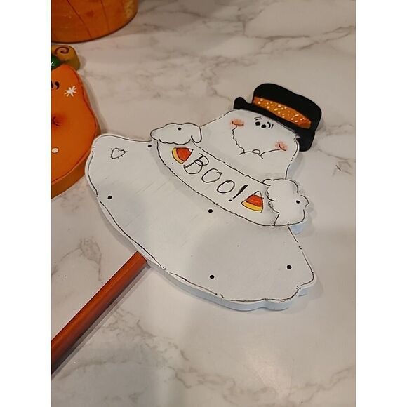 Hand Painted Wood Folk Art Ghost Pumpkin Candy Corn 3D Planter Décor Halloween - Picture 8 of 11